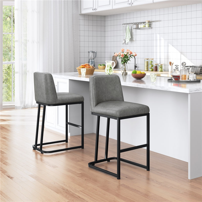 Gray Faux Leather Upholstered Counter Stools with Iron Frame, Set of 2