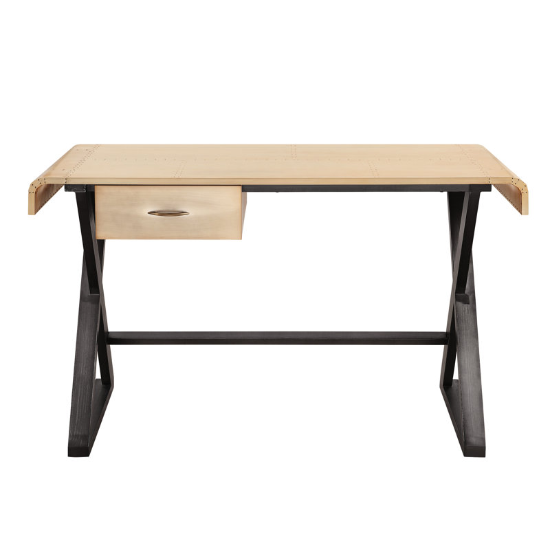 Bureau rectangulaire en aluminium doré avec garniture en cuir et pieds de rangement spacieux