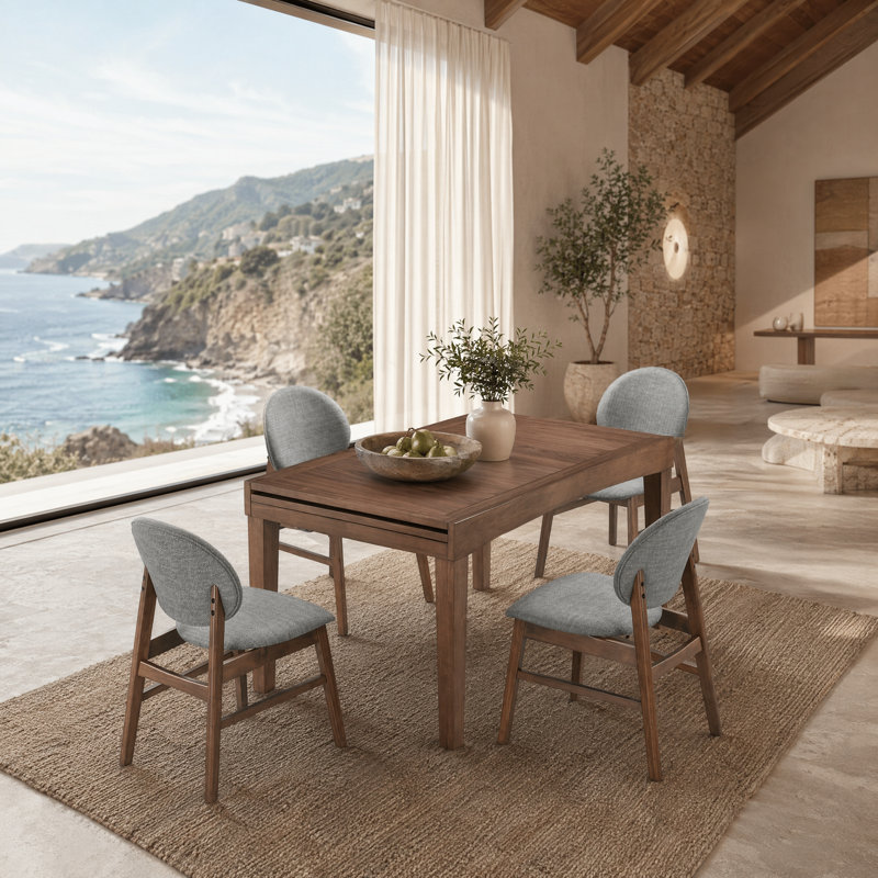 Extendable Dining Set with Upholstered Chairs, Brown / Gray, 5 Pieces: Table, 4 Chairs