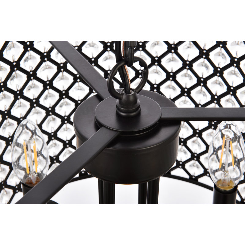 Dusin 4-Light Dimmable Crystal Drum Chandelier, Black, Black/Clear, 15" H x 17" W x 17" D