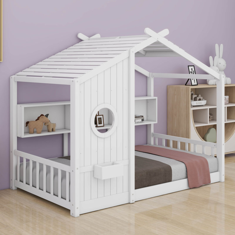 Lit sur pied Montessori, lit sur pied avec tablette de rangement pour tout-petit, lit de jeu avec toit, Lit simple, Blanc
