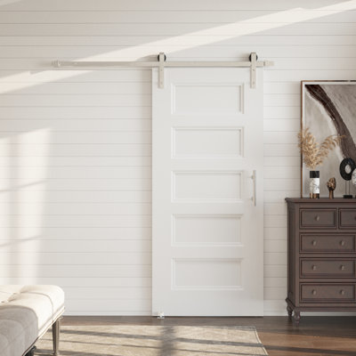 80"H 5-Panel White Sliding Barn Door With Brushed Nickel Plated Installation Hardware Kit – Primed Surface, Hollow Core