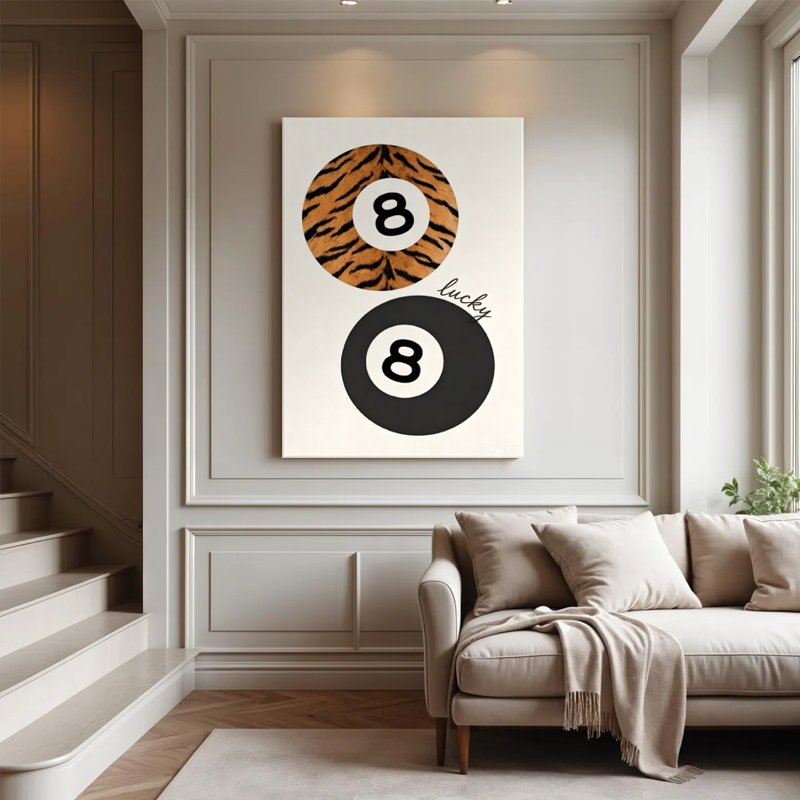 Tableau moderne sur toile représentant un tigre et une boule de billard n° 8, impression sur châssis entoilé de 61 x 91 cm (24 x 36 pouces), décoration murale orange et noire sur le thème du billard pour salle de jeux, bar à domicile et sous-sol.