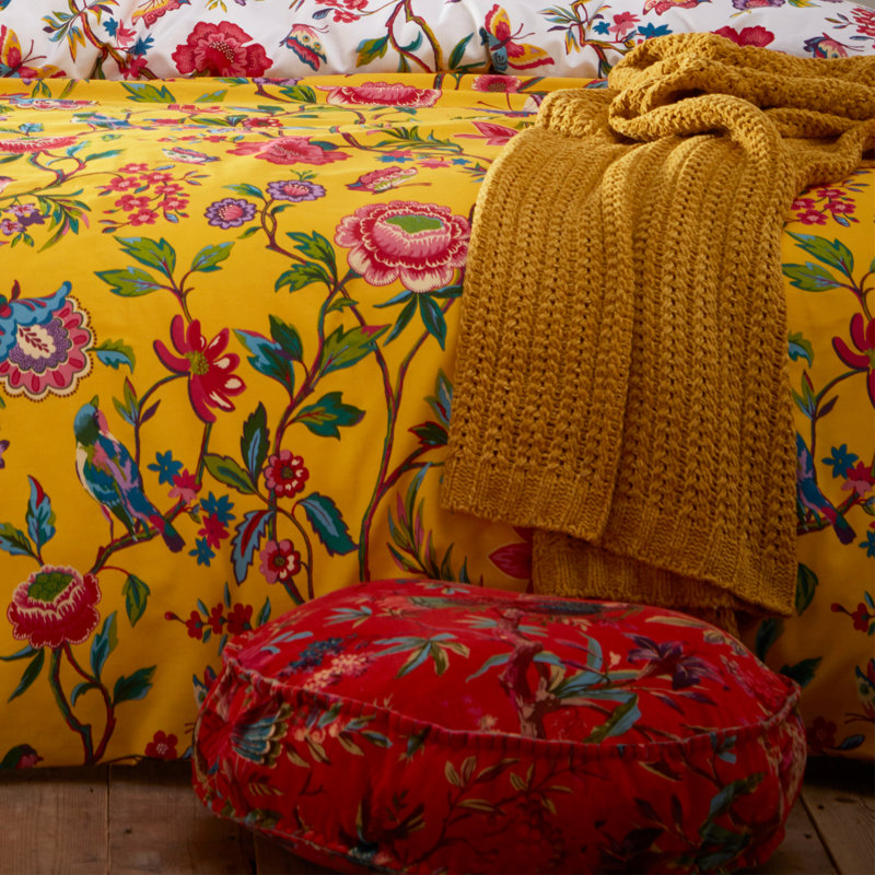 Cotton Blend Floral Duvet Cover Set with Pillowcases Included, Yellow, Super King - 2 Standard Pillowcases