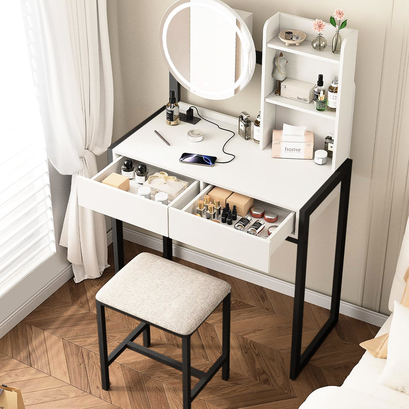 Bureau de meuble-lavabo de chambre à coucher, miroir intelligent à 3 lumières, prise de courant avec tiroir, tablette ouverte, meuble-lavabo à siège confortable, prise de courant,