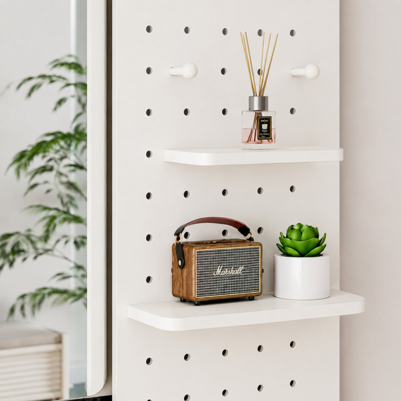  Modern Rubber Wood Wall Mounted Full Length Mirror with Sliding Panel and Adjustable Storage