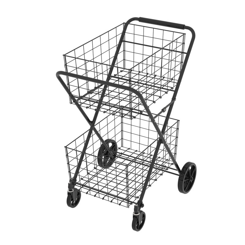 Jumbo Shopping Cart,2 Layers Grocery Cart on Wheels, Foldable Utility Shopping Carts with Double Basket and 360° Rolling Swivel Wheels