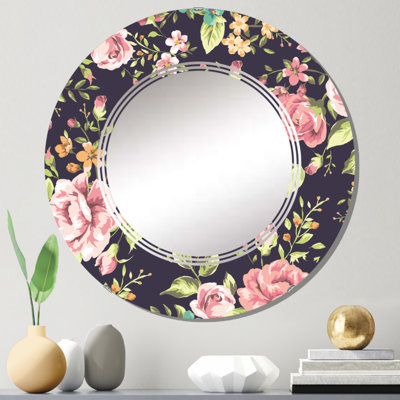 Miroir mural rond à motif de roses rétro sur fond bleu foncé