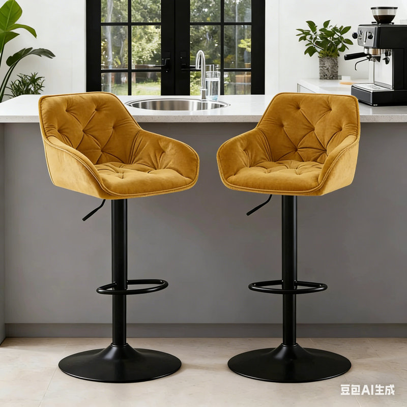 Kafka Velvet Upholstered Height Adjustable 360 Swivel Bar Stools, Yellow