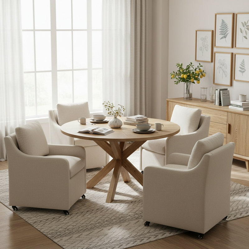 Rolling Dining Chair With Wheels, Beige