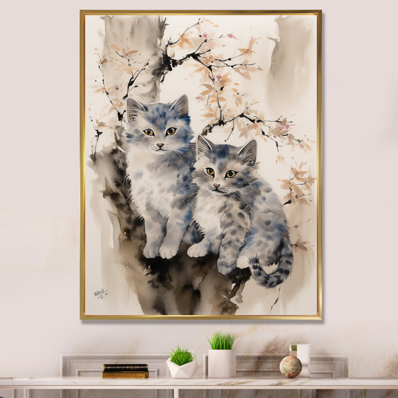 Deux chats gris dans un arbre, reproduction d'art rétro sur toile I, H 40 po x l 30 po x P 1,5 po, Cadre flottant doré
