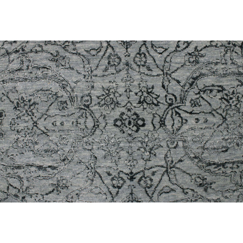 Hand Knotted Damask Area Rug in Charcoal/Blue, Rectangle 8' x 10'
