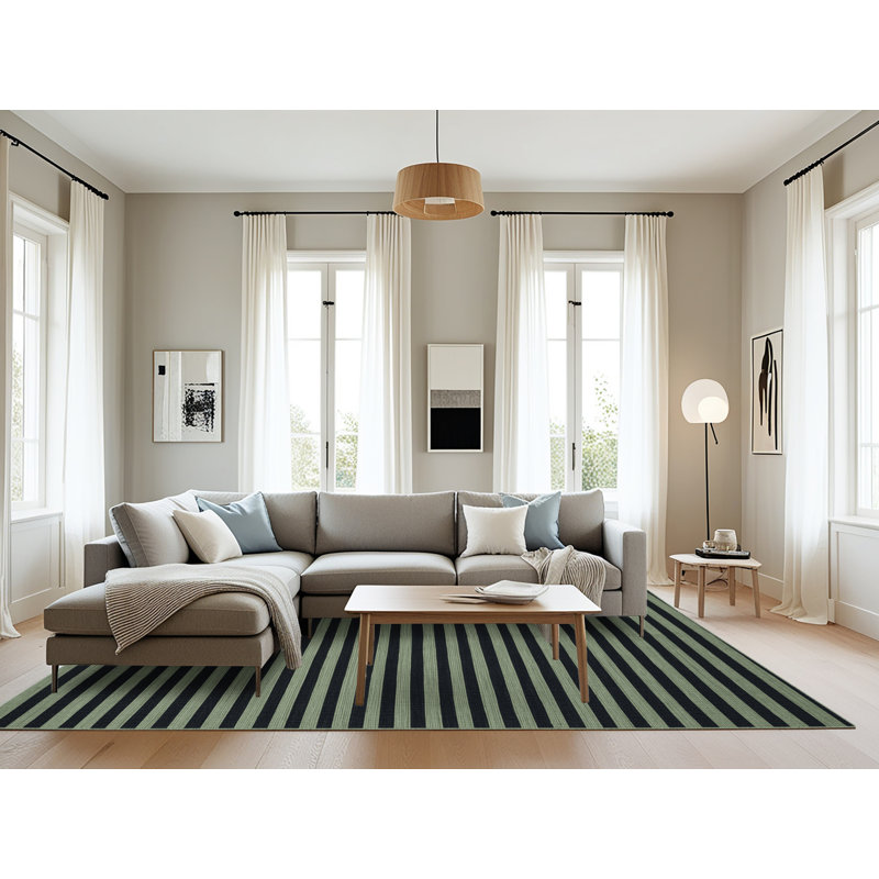 Machine Washable Horizontal Stripes Green Area Rug, Rectangle 8' x 10'