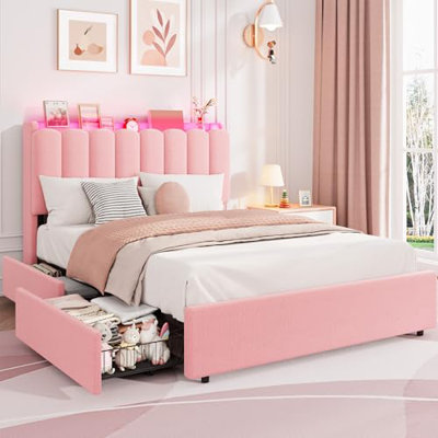Structure de lit plateforme tapissier avec lumières à DEL RVB et tête de lit bibliothèque avec rangement, 2 tiroirs, tête de lit ondulée rembourrée, lattes de bois, aucun sommier nécessaire - double, rose