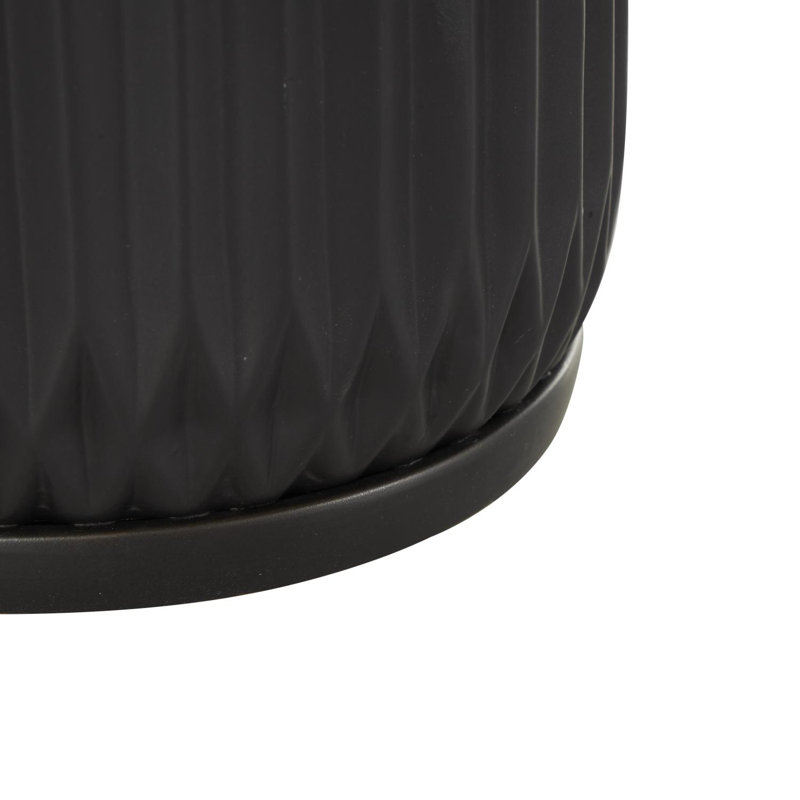 Ensemble de 3 pots à fleurs nervurés en céramique avec soucoupe attachée, Noir