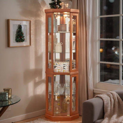 Corner Glass Cabinet Lighted Curio Cabinet Corner Display Case for Living Room, Curio Cabinet, Antique collection, Wine,Bar Glass Storage Light Included