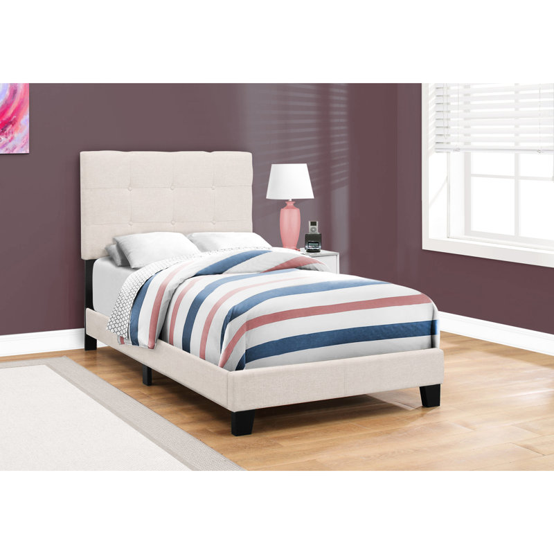 Structure de lit simple transitionnel, lin beige, lit tapissier confortable pour les adolescents, support de lattes en bois