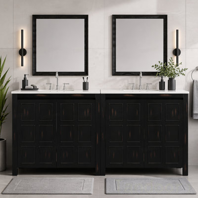 Ensemble de meuble-lavabo de salle de bain avec lavabos doubles (séparés), lavabos doubles en céramique, portes à fermeture douce et tablette réglable - Armoire de rangement rétro pour une organisation élégante de la salle de bain