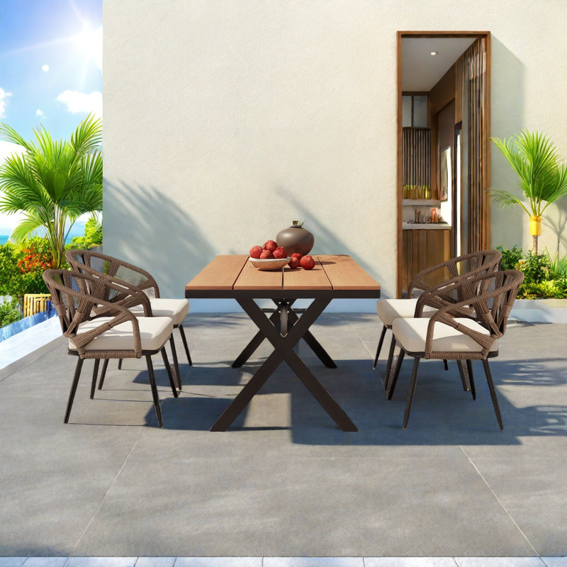 Outdoor Dining Set With 4 Rattan Chairs And 1 Table, Iron Frame And Soft Cushions, Black/Brown