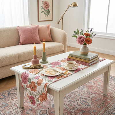 Country Cottage Rose and Terracotta Quilted Reversible Floral Farmhouse Table Runner