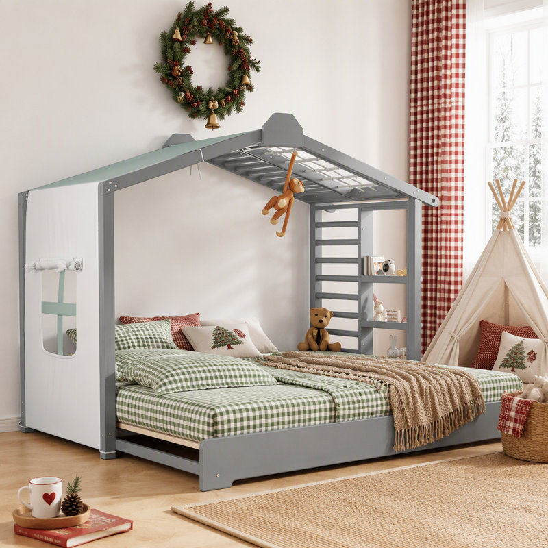 Lit House avec lit gigogne et tablettes latérales, Grey