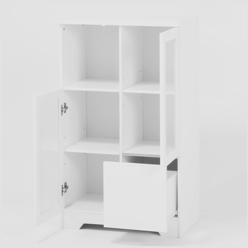 Armoire peinte en panneau de fibres à densité moyenne avec portes et tiroir en verre, espace de rangement ouvert, Blanc