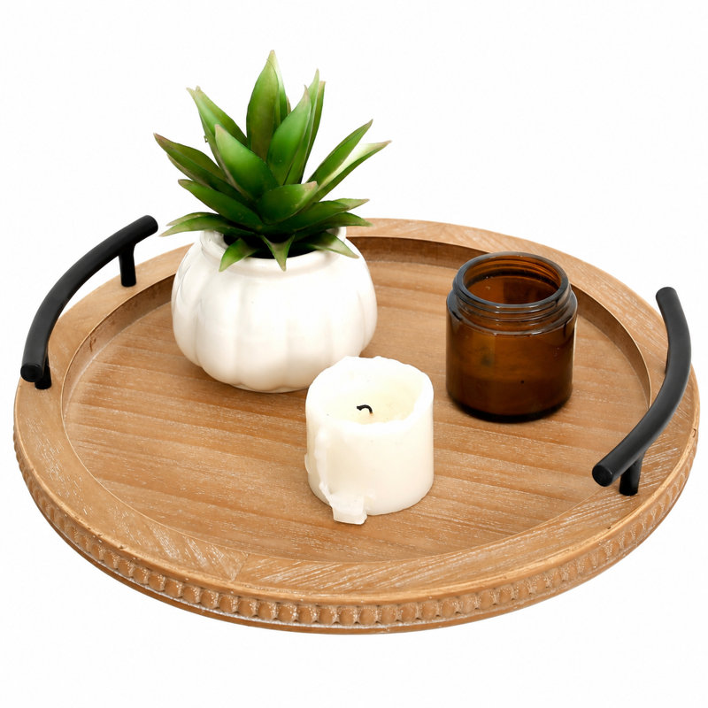 Round Wooden Beaded Decorative Serving Tray with Metal Handles