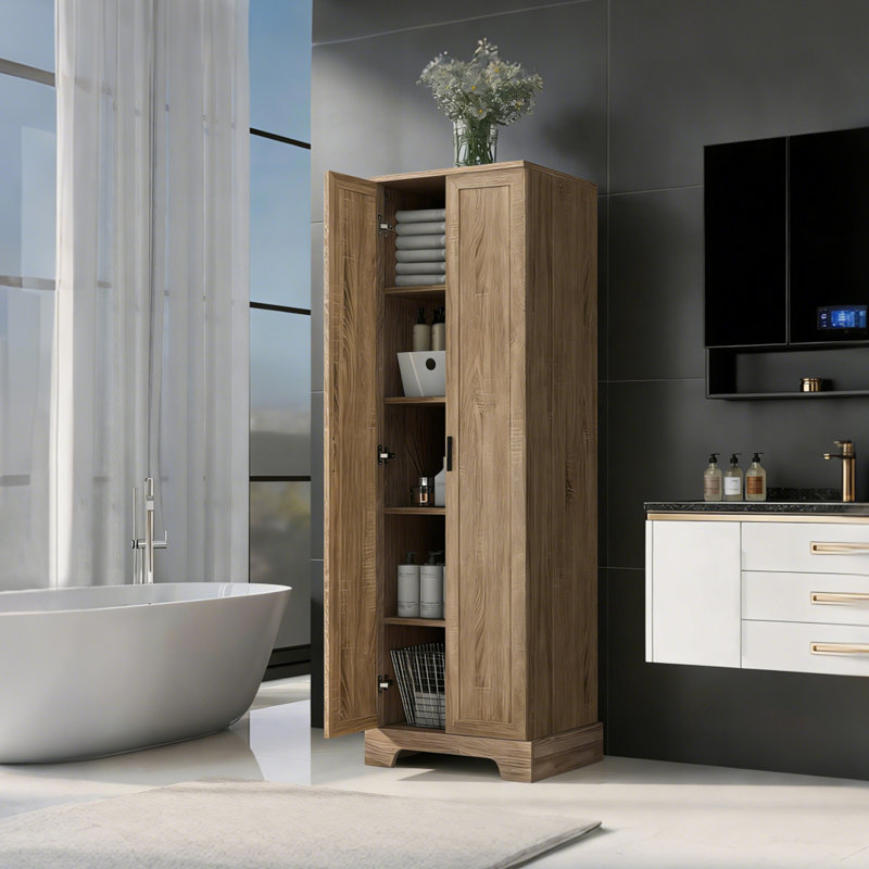 Freestanding Bathroom Storage Cabinet With 2 Doors And Adjustable Shelf, Brown