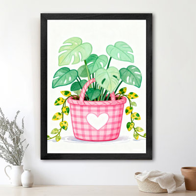 Black Framed Vintage Various green plants in the pink checkered flower basket Wall Art Retro Style Framed Prints