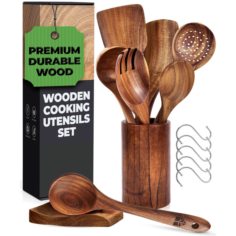 Natural Wood 10-Piece Cooking Utensils Set with White Ceramic Holder