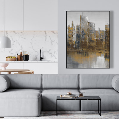 Paysage urbain gris et jaune - Toile contemporaine avec cadre brun