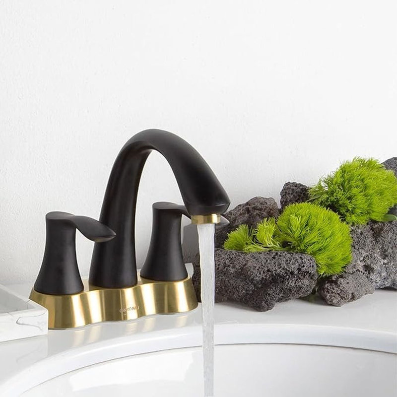 Robinet de salle de bain noir et doré, robinet de meuble-lavabo central à 2 poignées 4 po avec poignées à pression Lava Odoro, BF423-BG