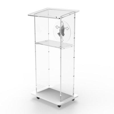 Assembled Clear Acrylic Podium 23X16X46.3" With Prayer Hand Logo Plaque Engineered Wood (MDF) Base And 2" Casters 102702+12152--Assembled Podium