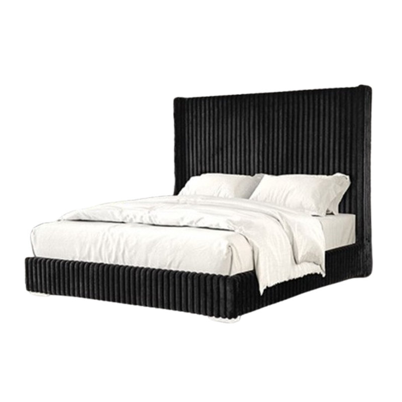 Wolo Queen Bed, Black Fur Chenille Ribbed Upholstery, Wing Headboard, Black, Queen