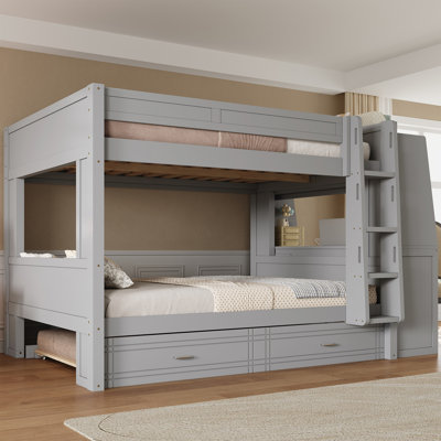 Full Size Multifunctional Bunk Bed with Desk, Bookshelves & Trundle for Kids and Teens, Gray