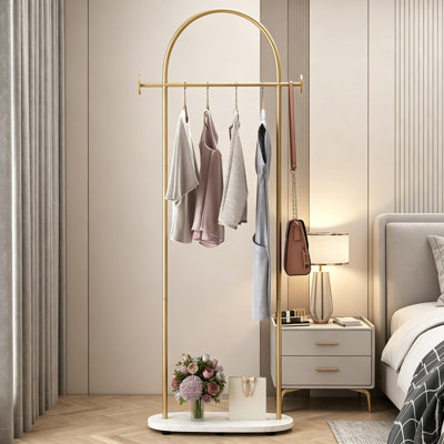 Gold Clothing Rack, Heavy Duty Freestanding Coat Rack with Shelf and Hooks, Modern Metal Clothes Hanger Stand for Entryway, Hallway, Bedroom, Office, 15.7 Inches Long
