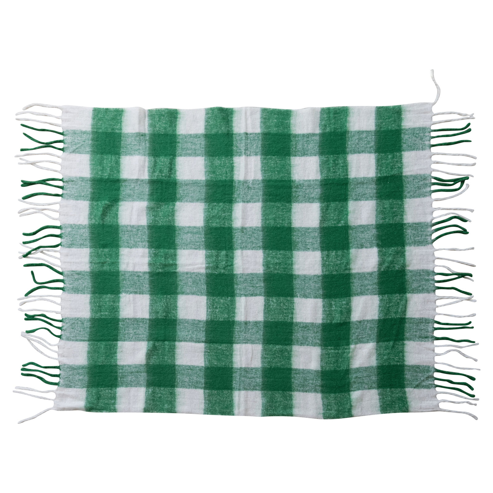 Brushed Acrylic And New Zealand Wool Throw With Stripes And Fringe, Green/White Plaid