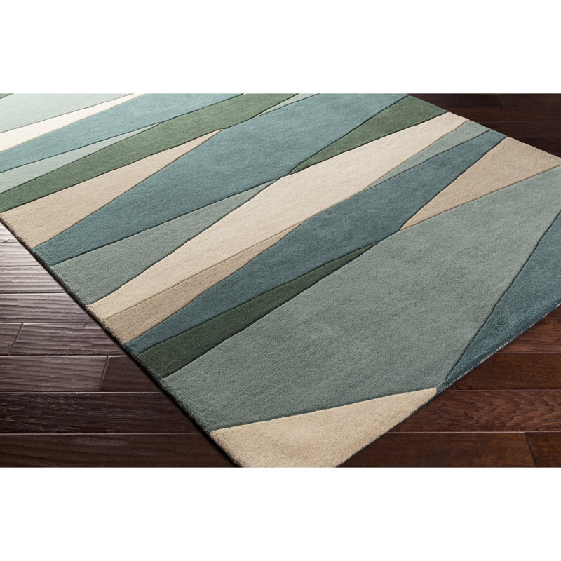 Ayeln Hand-Tufted Geometric Cream/Dark Green/Teal Area Rug, Rectangle 5' x 8'