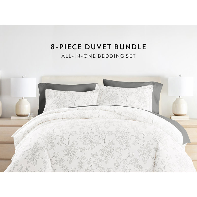 Twin Gray Floral Patterned Duvet Set with Down Alternative