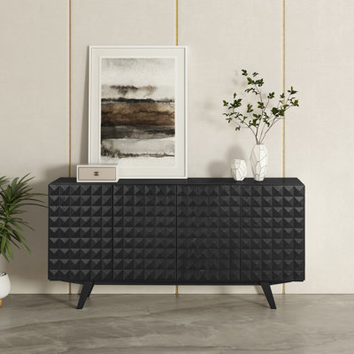  Sapa Mid-Century Modern Solid Wood Sideboard – 4-Door Accent Buffet Cabinet with Carved Geometric Fronts, for Living Room, Dining Room, or Entryway, Effortless Assembly