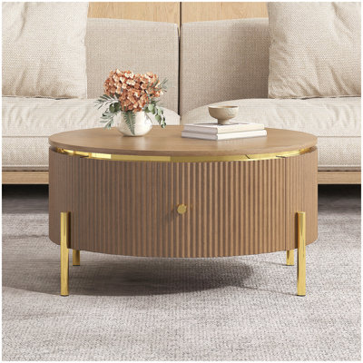 Table basse ronde moderne avec 2 grands tiroirs de rangement, brun, 31,5 po