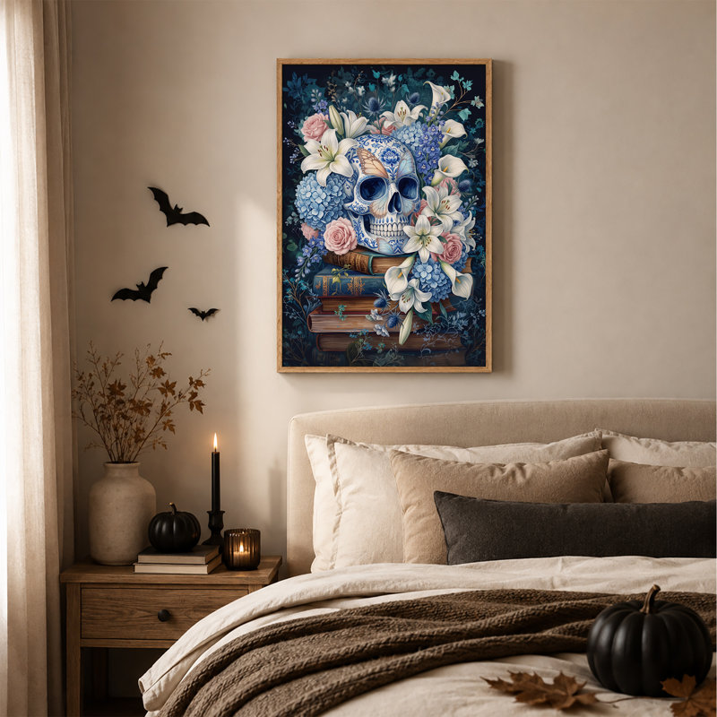 Impression sur toile, crâne floral bleu avec lys blancs et rose d'Halloween, H 36 po x l 24 po