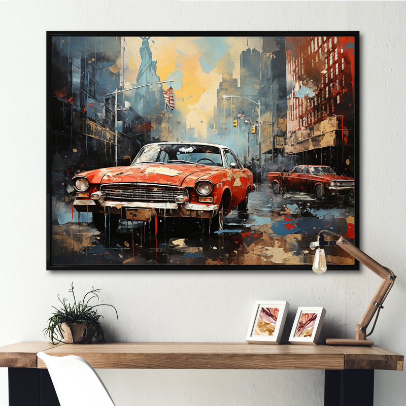 Collage de voitures anciennes - reproduction de toile rétro, H 34 po x l 44 po x P 1,5 po, Cadre flottant noir