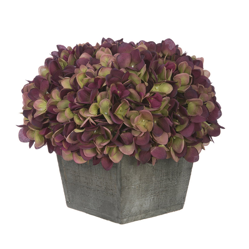Arrangement d'hortensias artificiels en pot, Prune / sauge