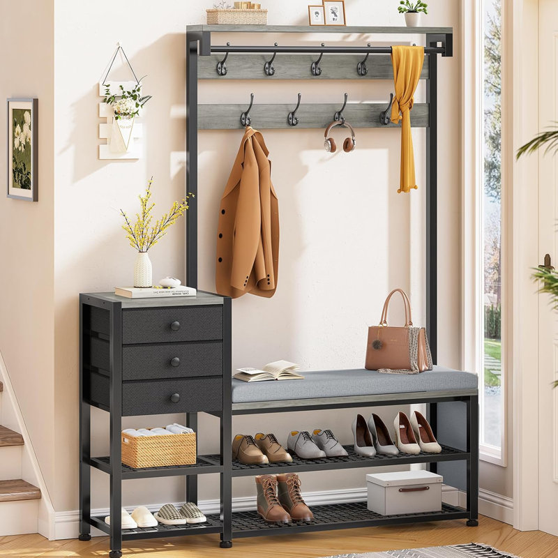 Hall Tree With Bench And Shoe Storage,7-in-1 Entryway Bench With Coat Rack, Hall Tree With Storage Bench, Hangrod And 9 Hooks