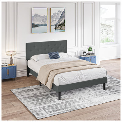 Queen Size Upholstered Platform Bed Frame with Modern Button Tufted Headboard in Dark Gray Linen