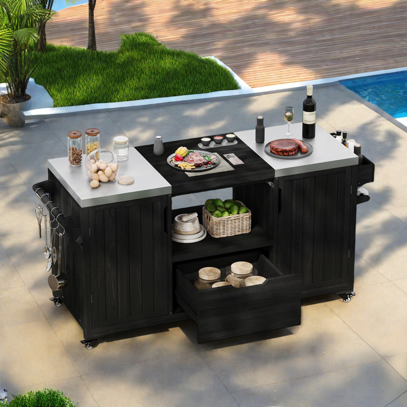 Îlot de cuisine extérieur avec plateau en acier inoxydable, tiroir et 2 armoires