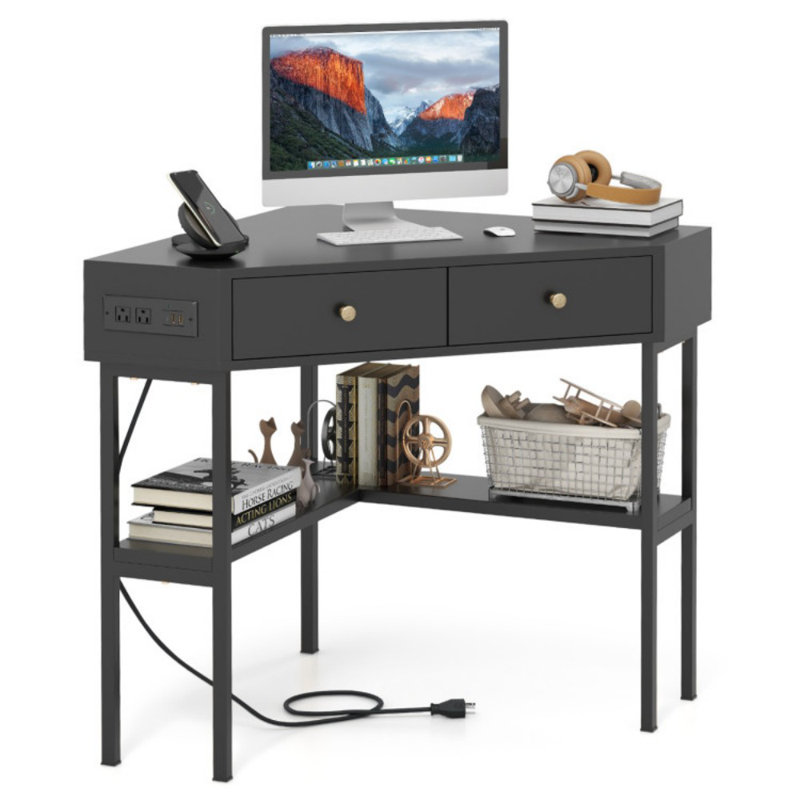 Bureau de coin triangulaire avec station de charge avec 2 tiroirs et tablette de rangement, Noir