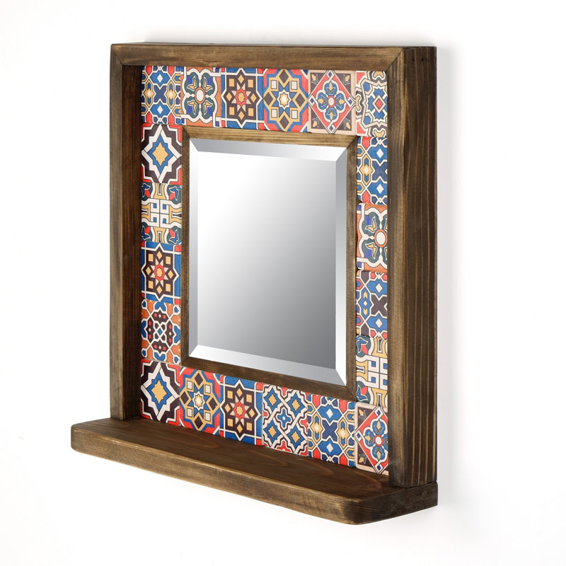 Miroir rustique abstrait avec cadre 100% bois de pin, 12,6 x 12,6 x 0,1 pouces | Travertin naturel et accents calcaires | Peinture protectrice pour bois à base d'eau | Comprend un miroir en verre et 5 crochets de suspension | Parfait pour le décor du Sud-Ouest