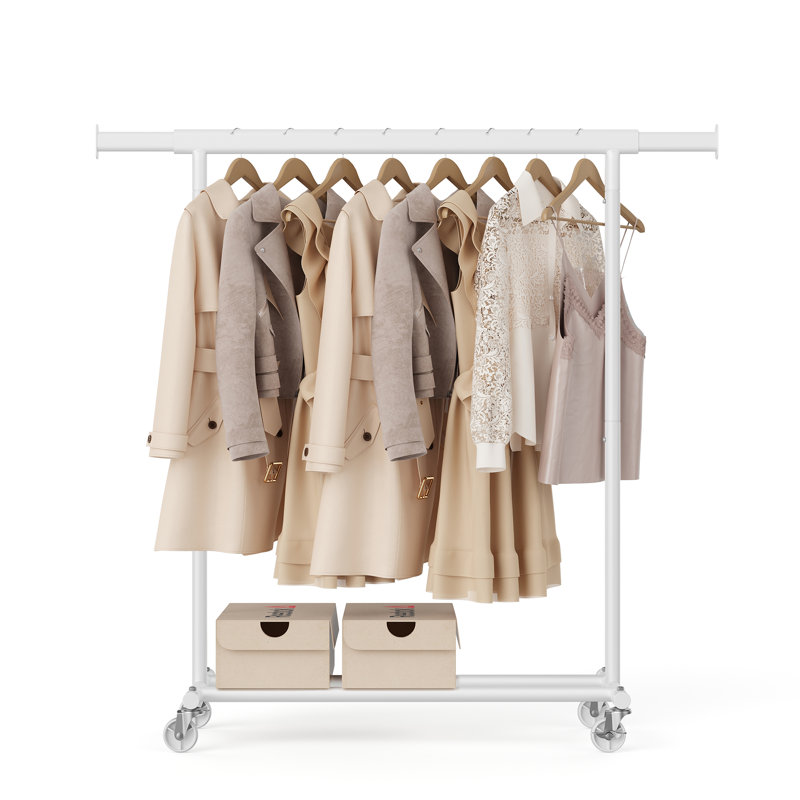 Portant à vêtements avec roulettes, portemanteau robuste pour suspendre les vêtements, portemanteau portatif, avec rail de suspension extensible, capacité de charge de 220 lb, blanc